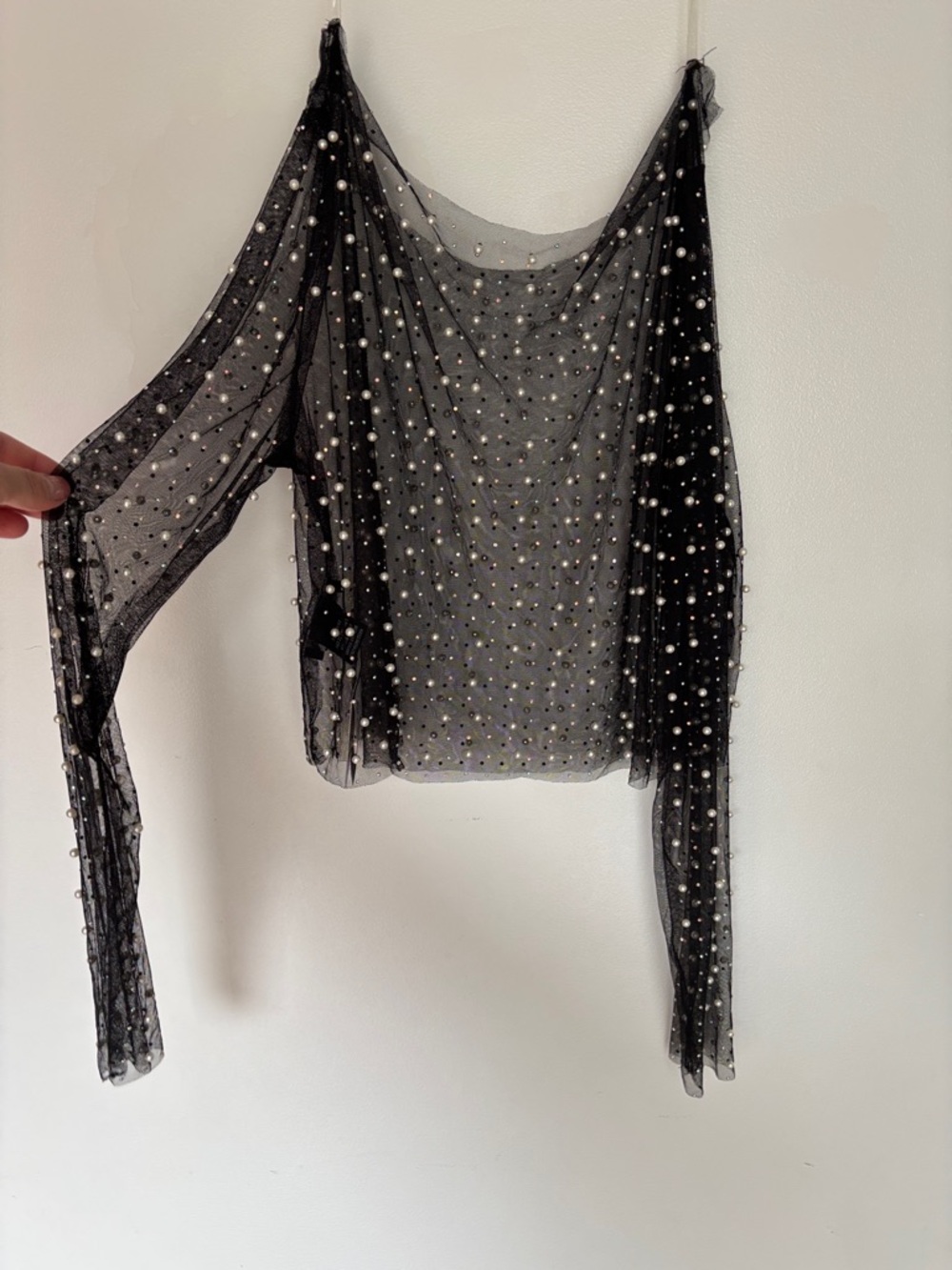 Harper Black Sheer Mesh Long Sleeve Top with Pearl Embellishments